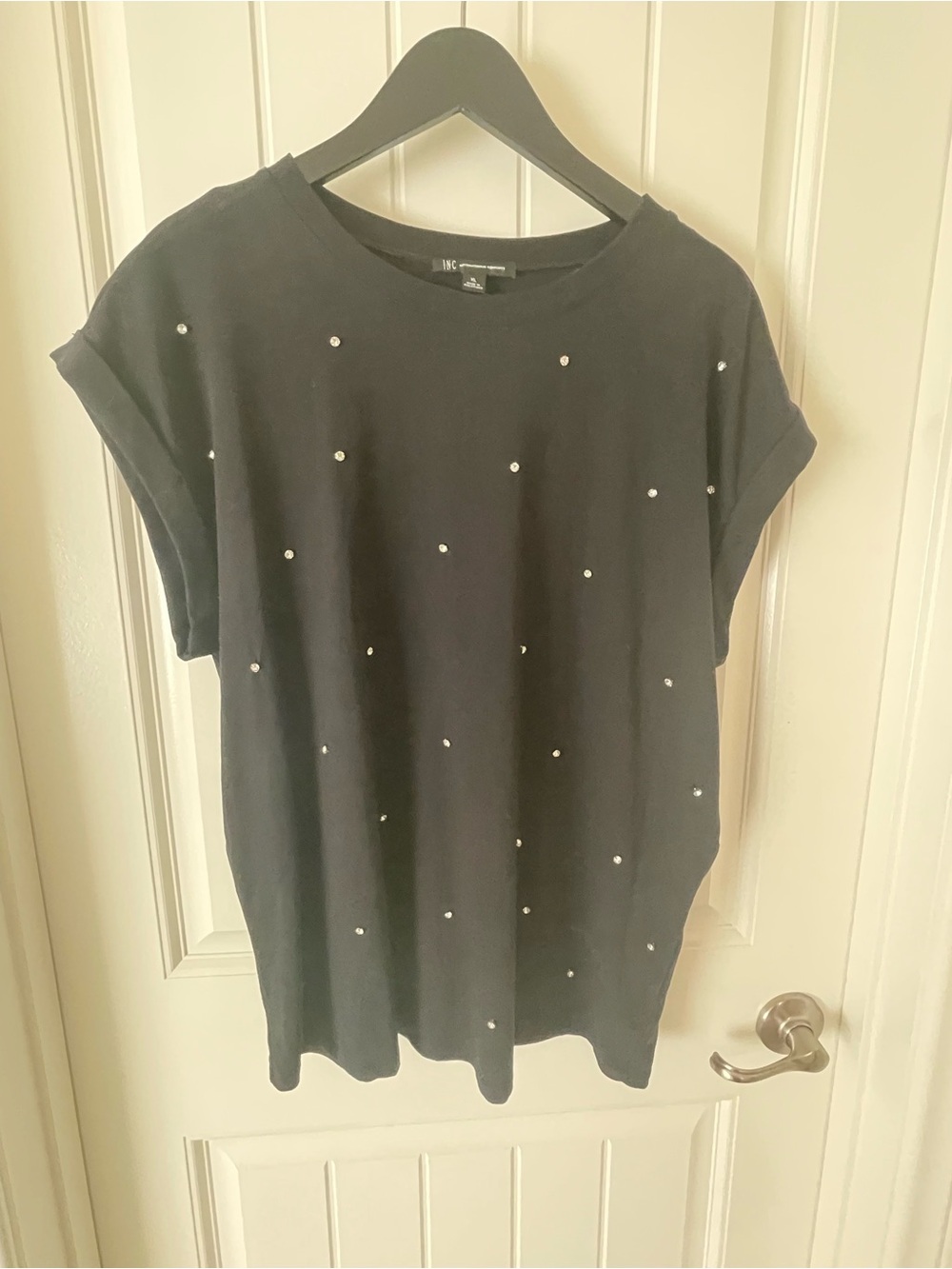 INC International Concepts Black Short-Sleeve Top with Pearl Accents